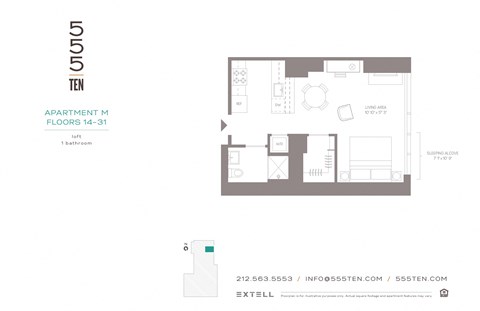 Floor plan for 1 bed, 1 bath, 519 sqft